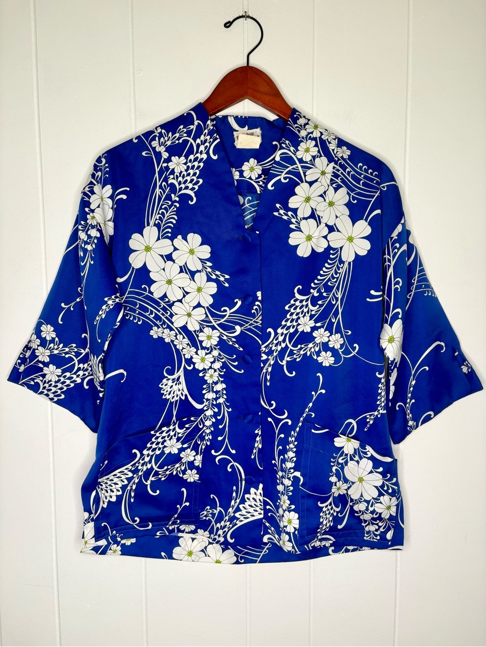 Vintage PARADISE HAWAII 70’s Kimono Style Jacket Pockets Blue White Floral VTG